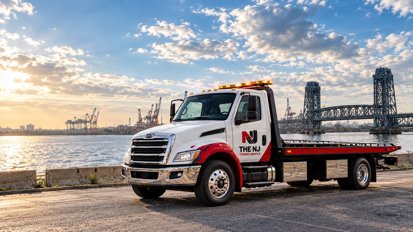The NJ Towing Service flatbed tow truck with Newark Bay and the port cranes behind it